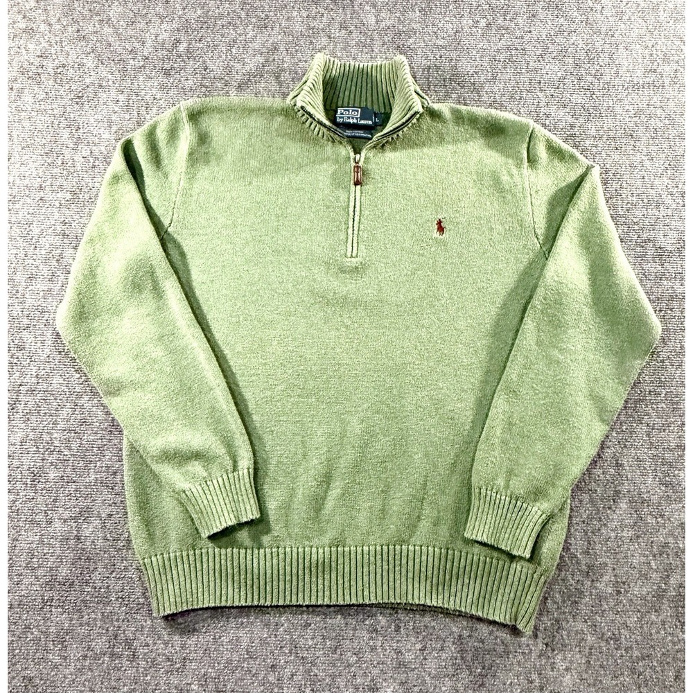 Polo Ralph Lauren Men's Olive Green Knit 1/4 Zip Mock Neck Logo Sweater Large
